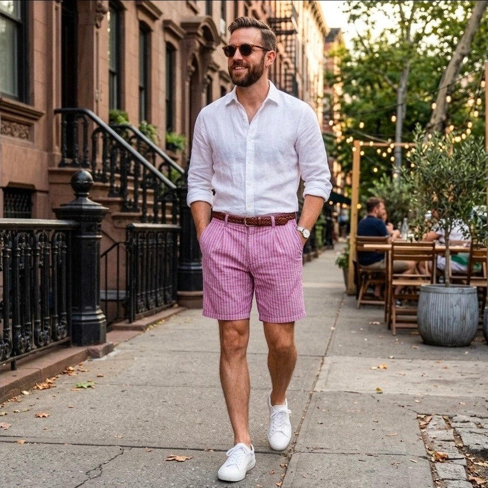 Duck Head Mens Vintage Pink Blue Striped Cotton Shorts Size 36 Preppy Coastal